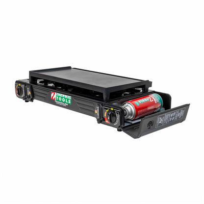 Aragaz camping cu 2 ochiuri, aprindere electrica, putere 2x2.3kw, cu tava gril, spatula, cleste si cutie de transportat / ZTS 5620