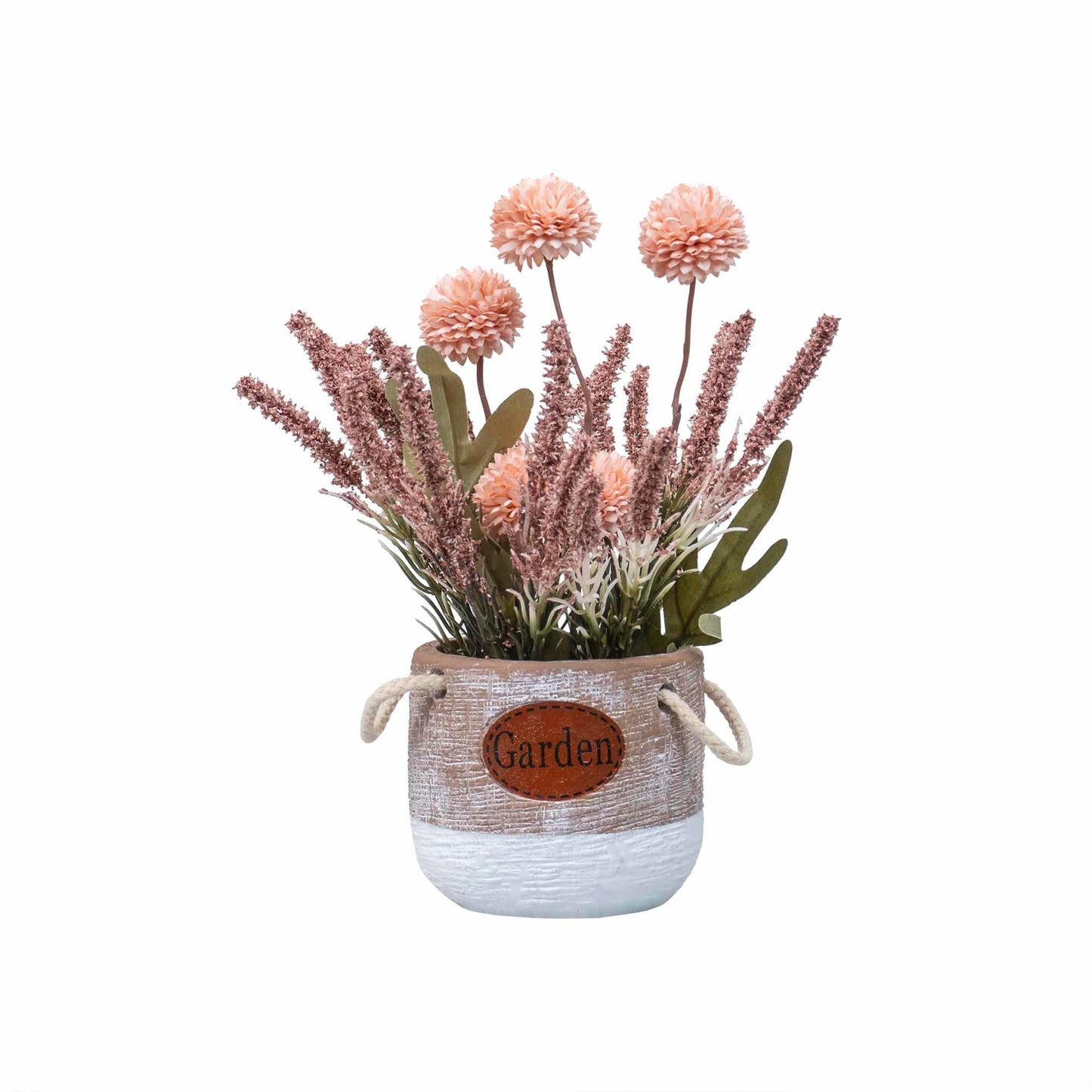 Aranjament floral, in ghiveci din ceramica, H27 crizantema si lavanda, culoare somon / ZTS 8054