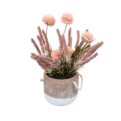 Aranjament floral, in ghiveci din ceramica, H27 crizantema si lavanda, culoare somon / ZTS 8054
