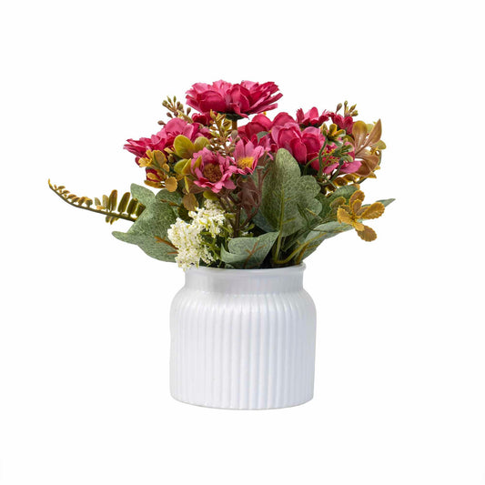 Aranjament floral, in ghiveci din ceramica, H 20, model crizantema, culoare roz / ZTS 8056