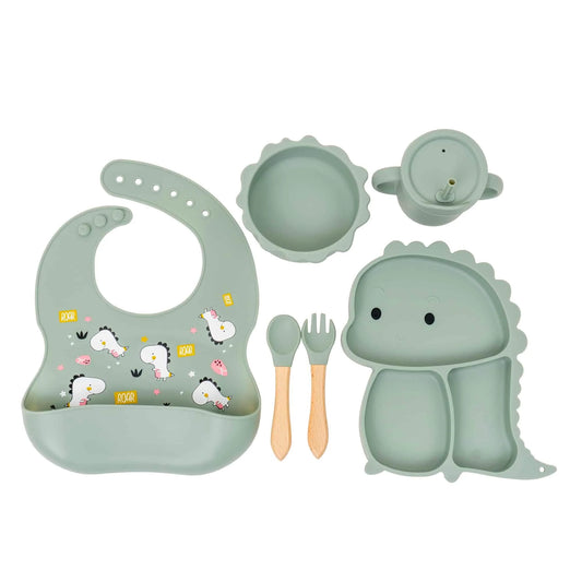 Set 6 piese pentru hranire bebelus, din silicon, model dinozaur, verde Z-TOOLS / ZTS 9094