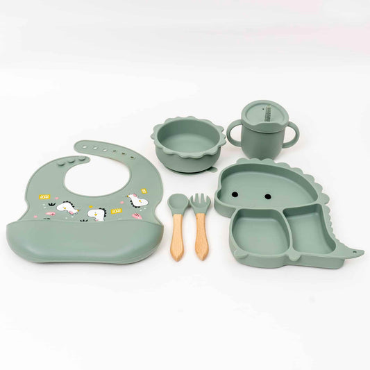 Set 6 piese pentru hranire bebelus, din silicon, model dinozaur, verde Z-TOOLS / ZTS 9094