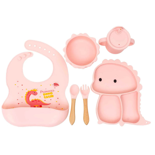 Set 6 piese pentru hranire bebelus, din silicon, model dinozaur, roz Z-TOOLS / ZTS 9095