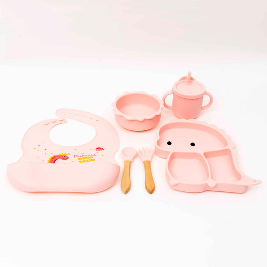 Set 6 piese pentru hranire bebelus, din silicon, model dinozaur, roz Z-TOOLS / ZTS 9095