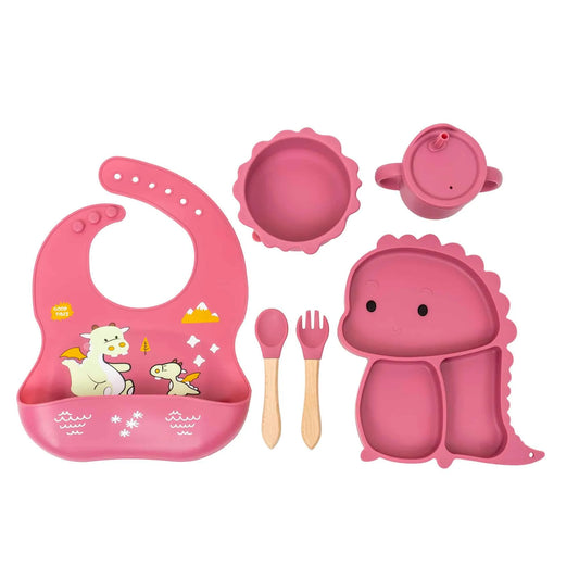 Set 6 piese pentru hranire bebelus, din silicon, model dinozaur, mov Z-TOOLS / ZTS 9096