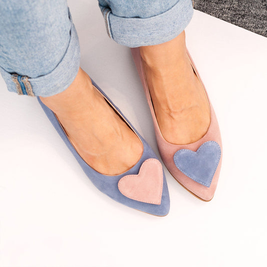 Balerini asimetrici din piele intoarsa bleu cu roz Solange