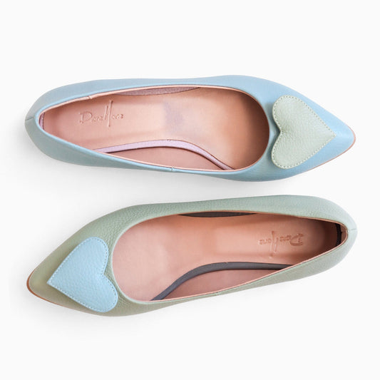 Balerini asimetrici din piele naturala bleu cu vernil Kira