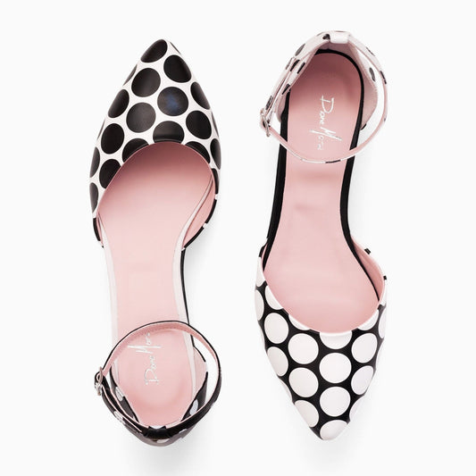 Balerini asimetrici din piele naturala cu picouri alb negru Layla