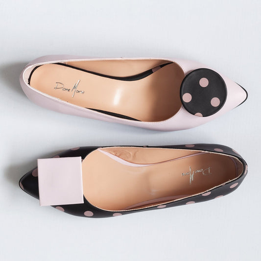 Balerini asimetrici din piele naturala roz cu negru Ellie