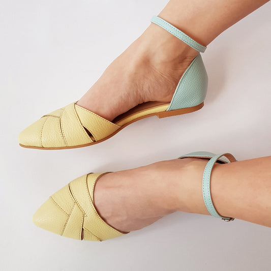 Balerini decupati din piele naturala galben cu bleu Gandahar