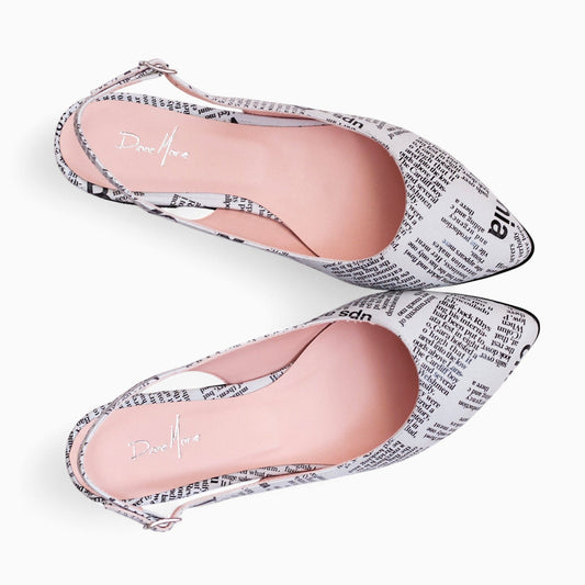 Balerini din piele naturala cu print ziar alb negru Colton