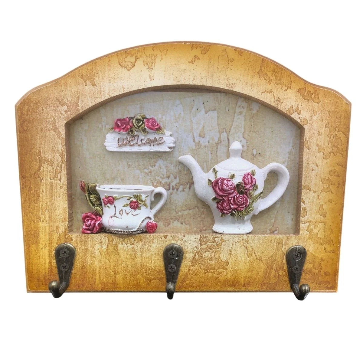 Cuier decorativ cu 3 carlige, Naimeed D65-2, 20x15.5x0.8 cm, Maro