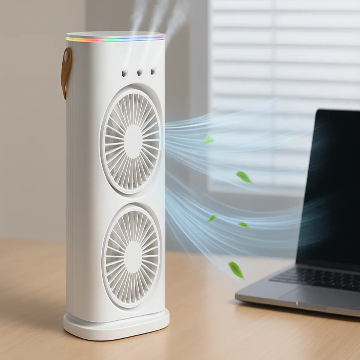 Ventilator dublu, umidificator, Naimeed D7182, incarcare USB, acumulator 2000mAh, telecomanda, 3 trepte de viteza, Alb